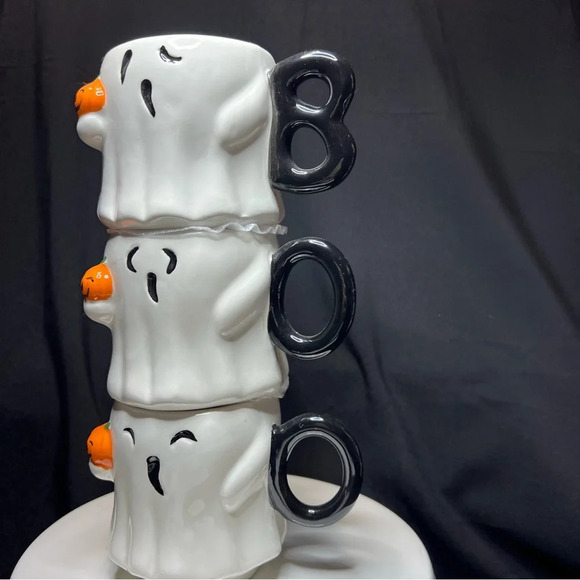 Goblin & Ghoul Ceramic Halloween Stacked BOO Ghost w/ Pumpkin Pal Coffee Mugs - Picture 10 of 12